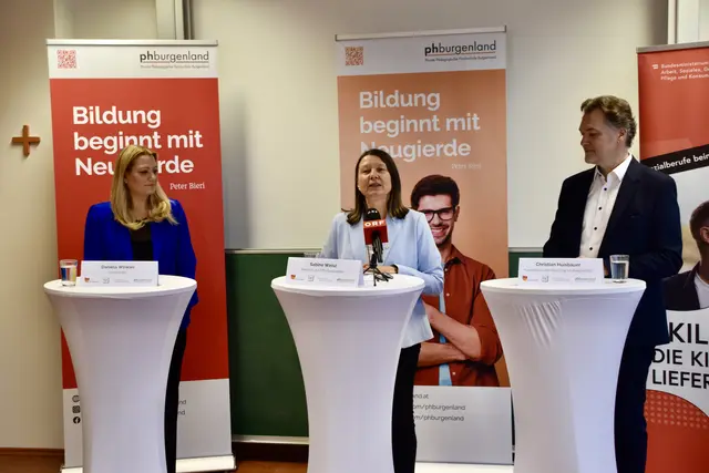 Bei einer Pressekonferenz am Donnerstag präsentierten Landesrätin Daniela Winkler, rektorin der PPH Burgenland Sabinen Weisz und Boy’s Day-Koordinator Christian Huisbauer das Projekt.  | Foto: Stefan Schneider