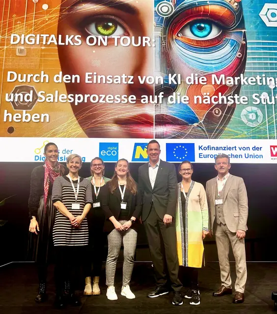 Michaela Pehm (FH Wr. Neustadt), Nina Fauland (wiasano GmbH), Alexandra Ferenczy (Dialogic Data-Science Marketing GmbH), Angelika Koppatz (Weichberger GmbH), Lukas Reutterer (Haus der Digitalisierung), Carmen Bischof (bubo AI), Johann Figl (WKNÖ). | Foto: ecoplus