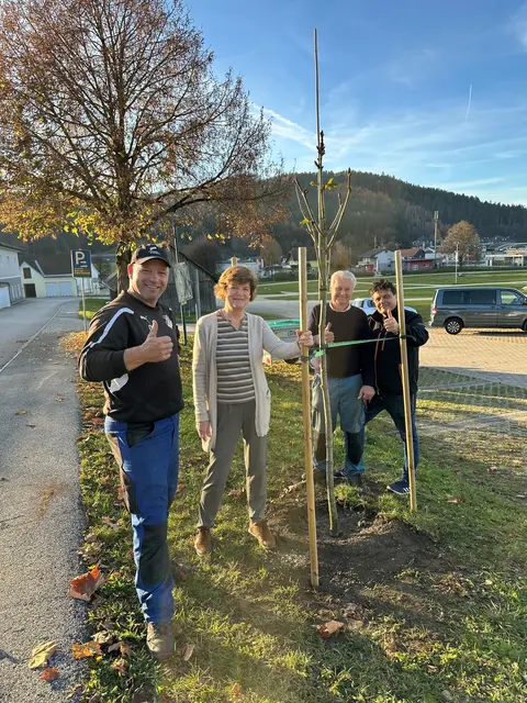 Daniel Wrießnig (von links), Heidi Grill, Reinhard Opetnik sowie Michel Jernej bei der versprochenen Bepflanzung der Kastanienbäume. | Foto: Privat