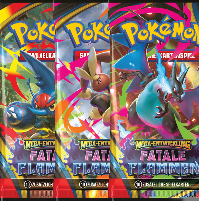 Ingesamt gibt es in den Fatale Flammen Boosterpacks  120 völlig neue Karten, darunter Mega-Entwicklungen und Secret Rares mit einzigartigen Illustrationen. | Foto: The Pokémon Company