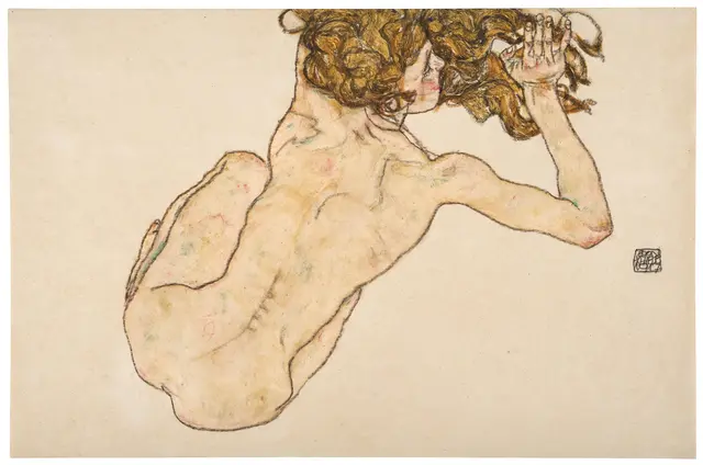 Egon Schiele (Tulln 1890–1918 Wien), "Kauernder Rückenakt", 1917, Gouache und schwarze Kreide auf Papier, 29,5 x 45 cm, Schätzwert: 1,8 – 2,5 Millionen Euro. | Foto: Dorotheum