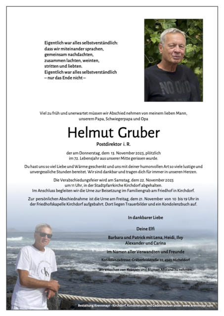 Helmut Gruber ✝︎ 13.11.2025 | Foto: Bestattung Krennmayr