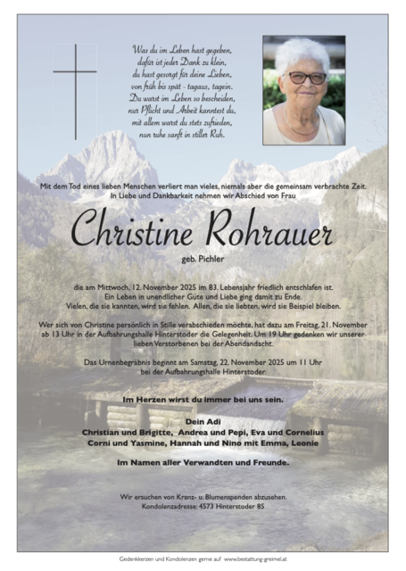 Christine Rohrauer ✝︎ 12.11.2025 | Foto: Bestattung Greimel
