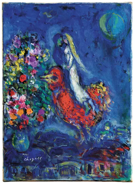 Marc Chagall (Witebsk 1887–1985 Saint Paul de Vence), "Couple sur coq rouge", um 1975–1978, Öl auf Leinwand, 33,4 x 24,2 cm, Schätzwert: 300.000 – 400.000 Euro. | Foto: Dorotheum