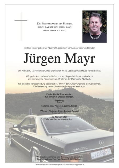 Jürgen Mayr ✝︎ 12.11.2025 | Foto: Bestattung Greimel