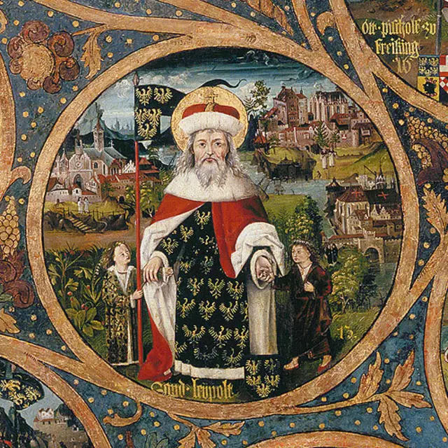 Leopold III., der Heilige, vor Klosterneuburg. Babenberger-Stammbaum, um 1490, Stift Klosterneuburg