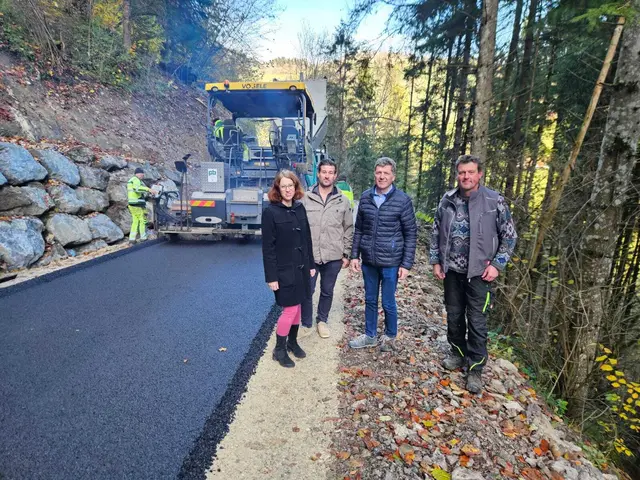 Christina Fuchsluger (NÖ Agrarbezirksbehörde), Gerald Bieder (Bauleiter der Firma Pittel-Brausewetter), Bürgermeister Herbert Winter sowie Heinz Griesauer (Obmann der Güterweggemeinschaft) | Foto: Daniela Karner 