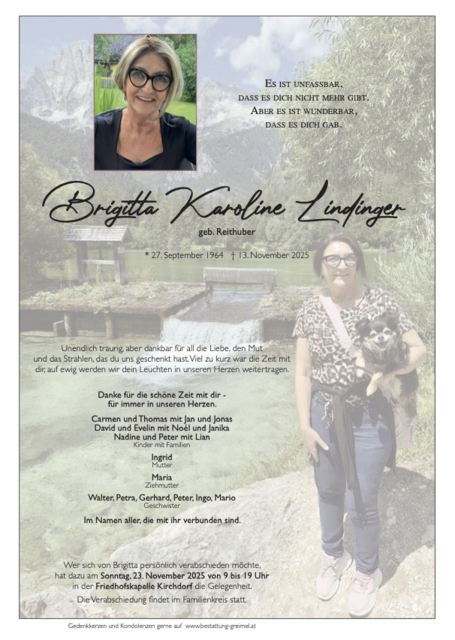 Brigitta Lindinger ✝︎ 13.11.2025 | Foto: Bestattung Greimel