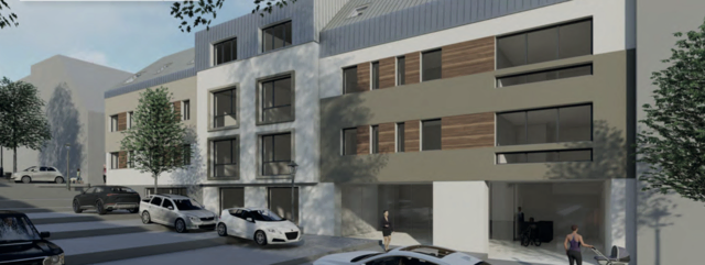 So sieht die visuelle Darstellung der geplanten Wohnhausanlage "Lichtraum" in Zwettl auf der Spatenstich-Einladung aus. | Foto: WAV