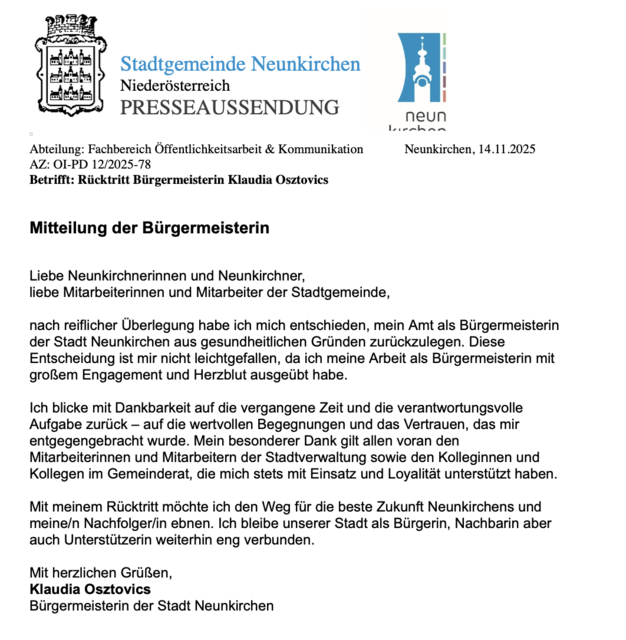 Das offizielle Schreiben an die Neunkirchner. | Foto: Stadtgemeinde Neunkirchen