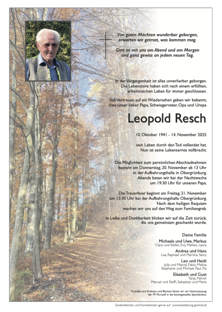 Leopold Resch ✝︎ 14.11.2025 | Foto: Bestattung Greimel