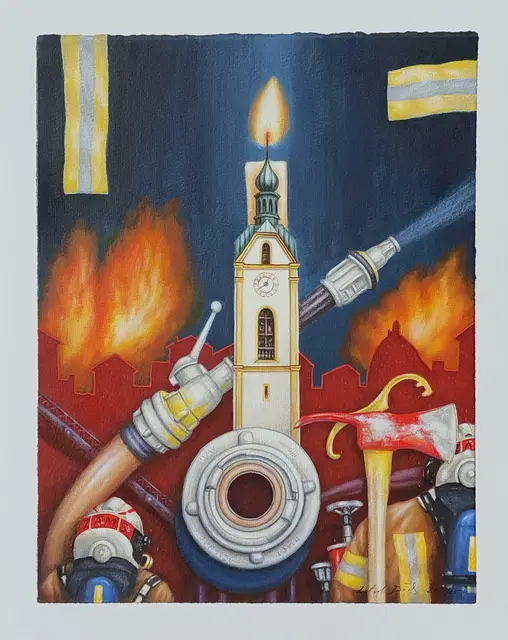 "Feuerwehr Zams" - Mischtechnik auf Bütten von Roland Böck.  | Foto: Roland Böck 