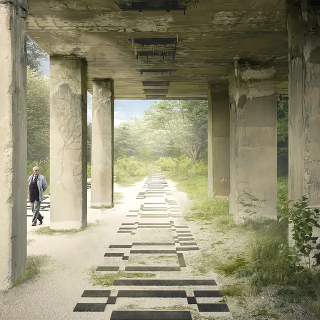 Künstlerischer Verweis auf die Gleise der ehemaligen Schleppbahn. | Foto: querkraft/Kieran Fraser/rococoon