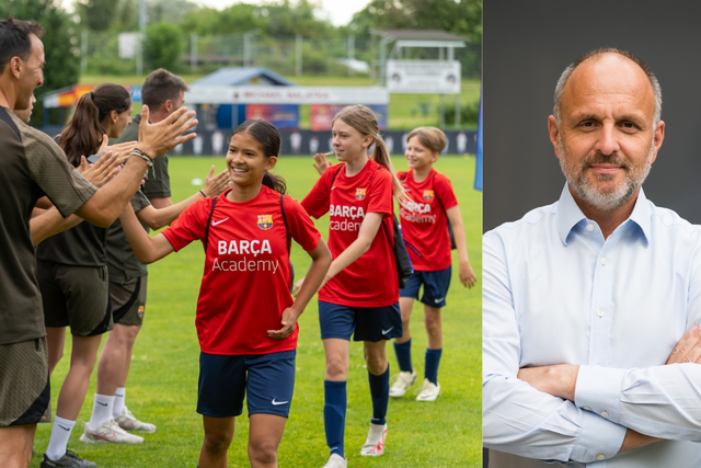 Im Juli 2026 lebt der spanische Fußball-Spirit in Villach/Landskron auf. Sportsponsor-Profi Arno Trabesinger hat sich die Rechte für die Barca-Camps in Österreich gesichert. | Foto: Fotokollage: MeinBezirk.at/Trabesinger Consulting e.U/Michaela Habinger Fotografie