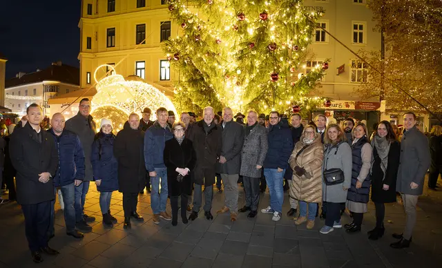 Eine Abordnung der Wiener Neustädter Politik vor dem Christbaum am Hauptplatz. | Foto: Stadt WRN/Weller, Sascha Trimmel