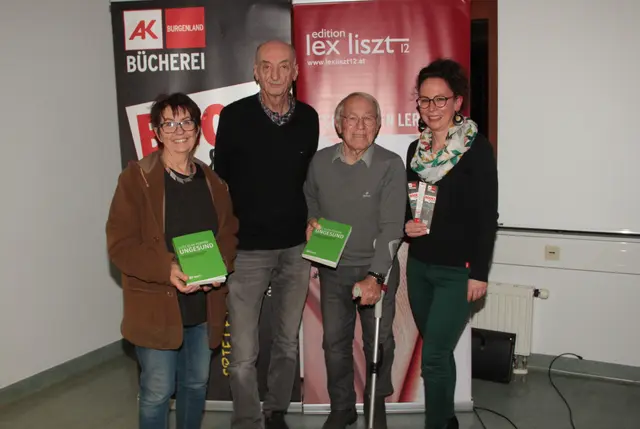 Christine Heindl, edition lex liszt12, Moderator Walter Reiss, Buchautor Lutz Elija Popper und Sike Rois von der AK-Bücherei Oberwart bei der Buchpräsentation "UNGESUND" - Anmerkung eines Arztes zum Gesundheitssystem. | Foto: Peter Seper