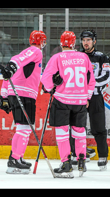 Mark Scheighofer (r,) erklärt den Spielern von SIJ Jesenice seinen Schirientscheid.  | Foto: Foto. Schweighofer/KK