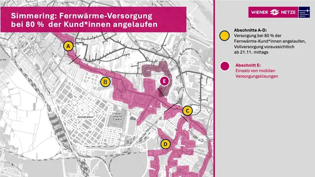 Während am Donnerstag bereits rund 80 Prozent der betroffenen Haushalte wieder mit Fernwärme versorgt werden, soll das Ende der Störung voraussichtlich gegen Freitagmittag erfolgen. | Foto: Wiener Netze