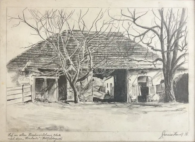 Bildnachweis:
Hans Pareiss, „Hof im alten Hirschenwirtshaus“, 1958, Bleistift auf Papier
 | Foto: © LEMU, Ortskundliche Sammlung