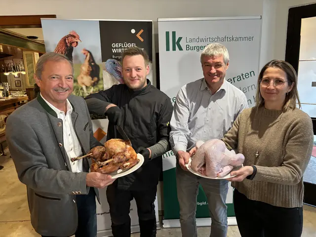 Werner Falb-Meixner (Vize-Präsident der Bgld. Landwirtschaftskammer), Sascha Bierbaum (Jungkoch und Gastronom), Heinz Schlögl (Obmann Geflügelwirtschaft Burgenland) und Elisabeth Rotheneder (Obmann-Stv. Geflügelwirtschaft Burgenland).  | Foto: Barbara Babonitsch-Diewald