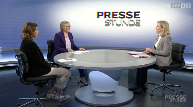 Die Fragen in der Pressestunde mit Beate Meinl-Reisinger stellten Ingrid Steiner-Gashi, vom „Kurier“, und Claudia Dannhauser vom "ORF".
 | Foto: Screenshot ORF