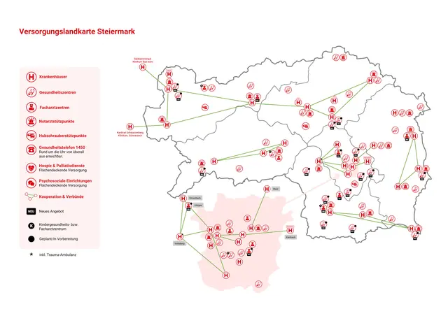 Die Versorgungslandkarte zeigt, wo in der Steiermark künftig welche Angebote geplant und wo in Form von Verbünden zusammengearbeitet wird. Bei SPÖ und Neos sorgen die geplanten Umstrukturierungen für Kritik.  | Foto: RSG-St 2030