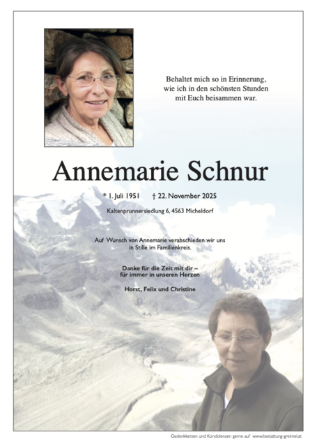 Annemarie Schnur ✝︎ 22.11.2025 | Foto: Bestattung Greimel