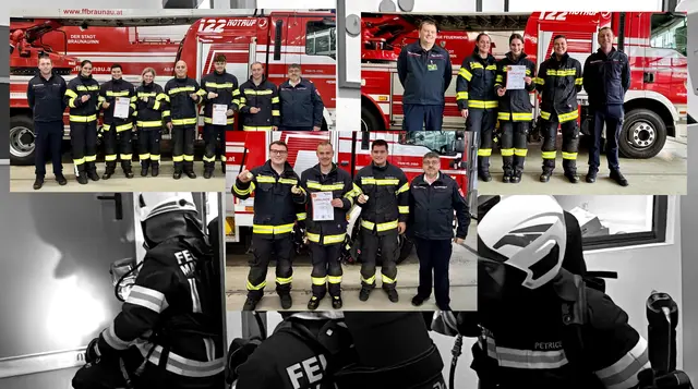 Die erfolgreichen Atemschutztrupps der Feuerwehr Mauerkirchen präsentieren ihre Leistungsabzeichen in Gold und Bronze. | Foto: FF Mauerkirchen