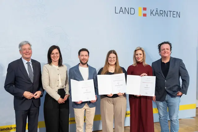 LH Peter Kaiser, Sandra Preiml, Pierre Hohenberger, Veronika Semmelrock und Susanne Kraller und Christian Inzko. | Foto: LPD Kärnten/Just