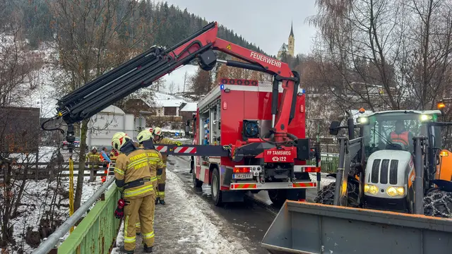 Kräfte der Feuerwehr Tamsweg bargen am 25. November 2025 eine verendetes Kalb aus der Mur. | Foto: BSBÖ OVI Keidel Thomas