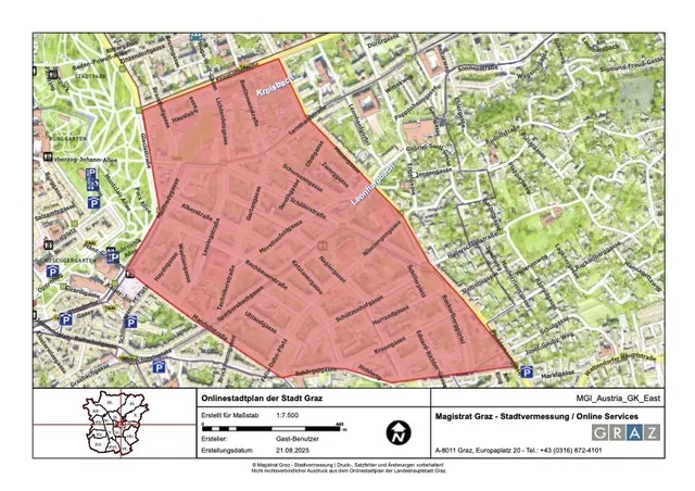 Das rot markierte Gebiet in St. Leonhard wurde im Zuge der Ausweitung von Parkraum für Anrainerinnen und Anrainer evaluiert.  | Foto: Magistrat Graz/Stadtvermessung
