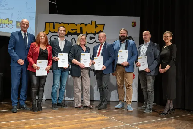 Vertreter aus den acht prämierten Gemeinden nahmen die Auszeichnung vom JugendService des Landes Oberösterreich entgegen. | Foto: Land OÖ/Andreas Krenn