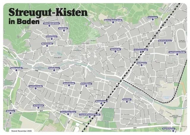 Die Standorte der Streugut-Kisten in Baden. | Foto: 2025psb