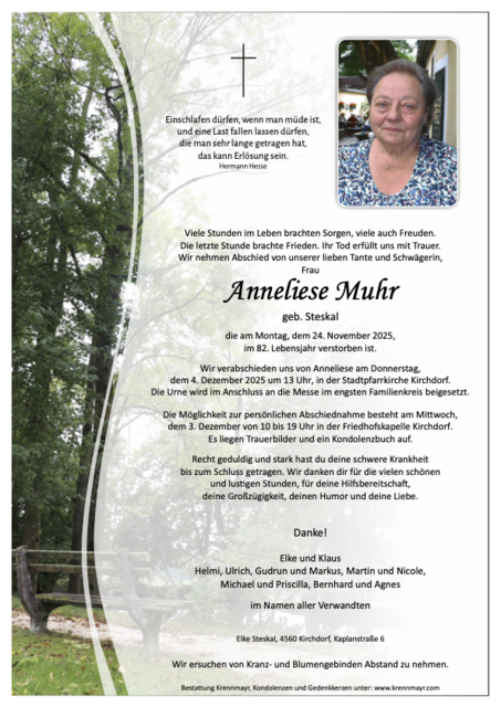 Anneliese Muhr ✝︎ 24.11.2025 | Foto: Bestattung Krennmayr