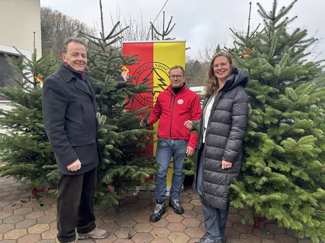 Nikolaus Berlakovich, Präsident der Burgenländischen Landwirtschaftskammer, Sascha Sommer, Obmann des Vereins „Burgenländischer Qualitätschristbaum“ und Anja Haider-Wallner, Landeshautmann-Stellvertreterin läuten bei einem Pressegespräch die heurige Christbaumsaison im Tannenhof Sommer in Güssing ein. | Foto: Elisabeth Kloiber