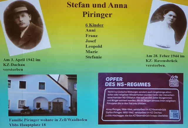 Bildtext: Gedenktafel am Hauptplatz 18 von Zell Markt, einer Katastralgemeinde von Waidhofen an der Ybbs. Sie erinnert an die drei Zeller Bürgerinnen und Bürger, die als Zeugen Jehovas ihren religiösen Prinzipien bis in den Tod treu blieben. 

(Fotodokumentation Verein Lila Winkel) 
