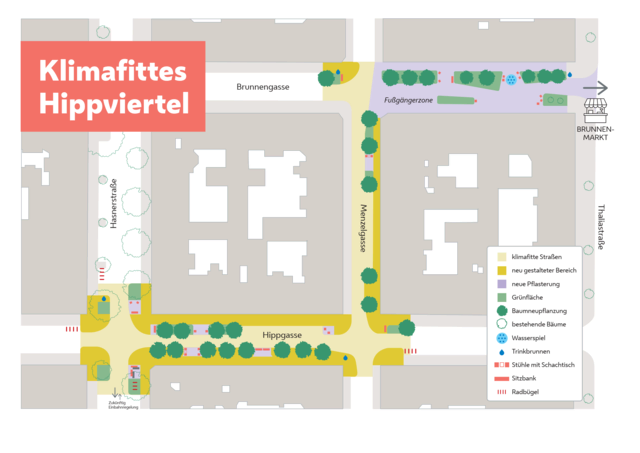 Die Begrünungsoffensive zieht sich weiter in die angrenzende Menzelgasse sowie die Hippgasse. Damit bekommt das Hippviertel ein neues Gewand. | Foto: Stadt Wien Marketing/MA 28