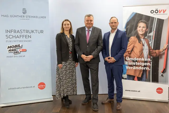 von links:  Eva Hackl, Regionalmanagerin ÖBB-Personenverkehr AG, Mag. Günther Steinkellner, Infrastruktur-Landesrat und Klaus Wimmer, BSc. MBA, Geschäftsführer Schiene OÖ.  | Foto: Land OÖ/Lina Spenlingwimmer
