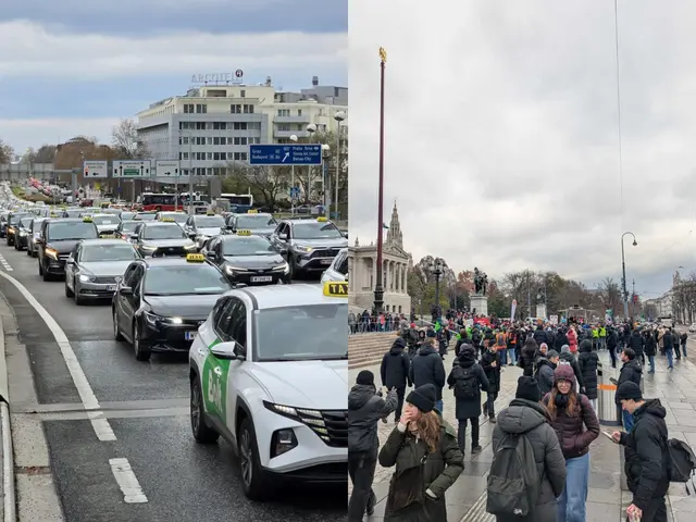 1.500 Taxler brachen am Mittwoch im Konvoi von Floridsdorf zum Heldenplatz auf. Zeitgleich versammelten sich Angehörige der Sozialberufe vor dem Parlament zum Protest (r.). | Foto: Wiener Taxi Verein; z. V. g.