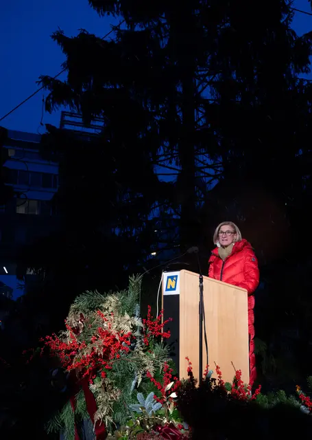 „Jeder einzelne Lichtpunkt auf diesem Christbaum soll für uns alle ein Licht der Hoffnung und des Friedens sein“, sagte Landeshauptfrau Johanna Mikl-Leitner bei der Illuminierung des Landhaus-Christbaums. | Foto: NLK Filzwieser