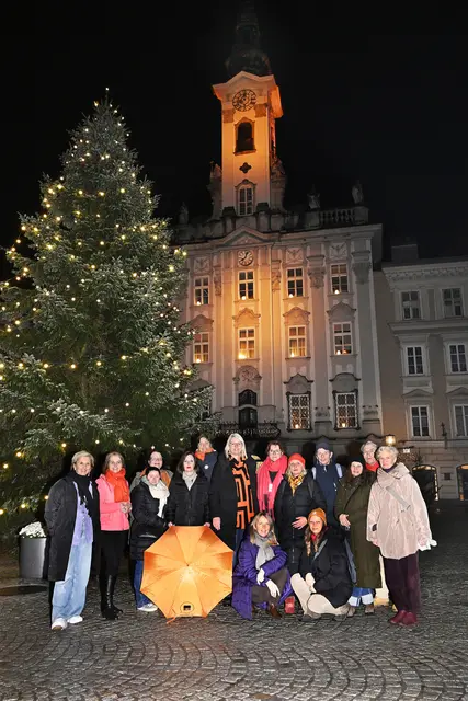 Die Frauen des „Bündnis 8. März“ vor dem orange beleuchteten Steyrer Rathaus. | Foto: Kainrath