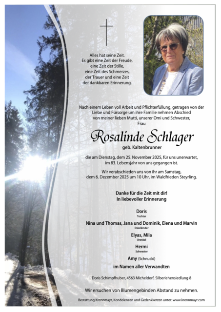 Rosalinde Schlager ✝︎ 25.11.2025 | Foto: Bestattung Krennmayr