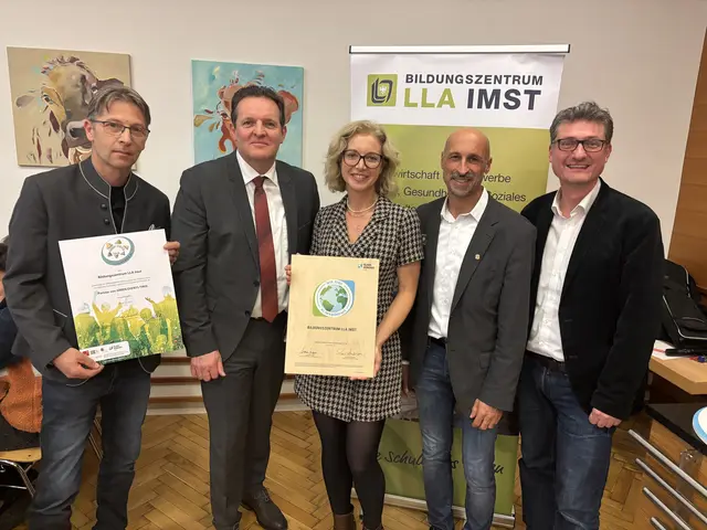 Stolz wurden die Zertifikate präsentiert: Prof. Walter Ostermann, Rene Zumtobel, Susanne Payr, Direktor Prof. Thomas Moritz und Andrä Stigger, Geschäftsführer von Klimabündnis Tirol.(v.l) | Foto: Perktold