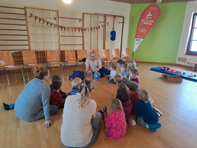 Ronnie Walcher zeigt den Kindern, woher der Signalkrebs kommt – aus Nordamerika. Er hat vor
ca. 150 Jahren die Krebspest nach Europa eingeschleppt. | Foto: Naturpark Ybbstal