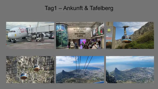 25.10.2025 Direkt nach der Landung brachte uns der Bus zur Seilbahnstation am Tafelberg. Die Kabine drehte sich während der Fahrt, sodass wir das Panorama rundum genießen konnten. Von oben hatten wir einen klaren Blick auf Stadt und Küste.