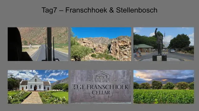 31.10.2025Durch die Cogman’s Kloof mit ihren alten Felsformationen gelangten wir nach Franschhoek, wo wir ein Weingut besichtigten. In Stellenbosch beeindruckten uns die Universität und das historische Schreuderhuis.