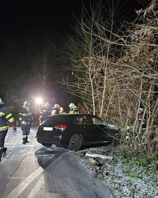 Wegen Glatteis rammte ein Fahrzeug eine Straßenbegrenzung und landete im Gebüsch. | Foto: FF Hallersdorf