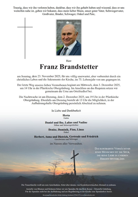 Franz Brandstetter ✝︎ 23.11.2025 | Foto: Bestattung Hatzenbichler