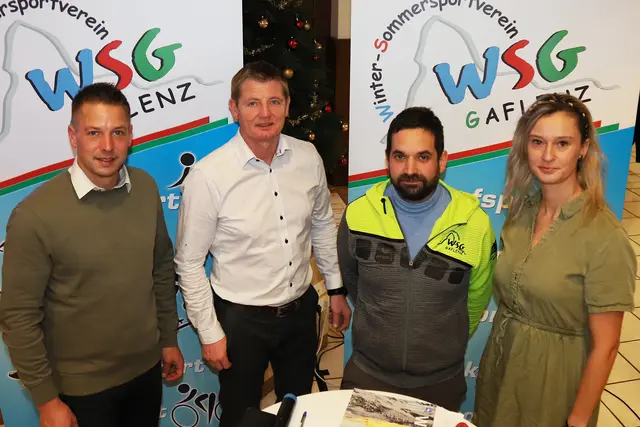 Der einstimmig neu gewählte Vorstand des Winter-Sommersportvereins in Gaflenz.
(v.li.) Daniel Fluch, Helmut Stubauer, Patrick Helm und Martina Brandner. | Foto: WSG/Stephan Schönberger