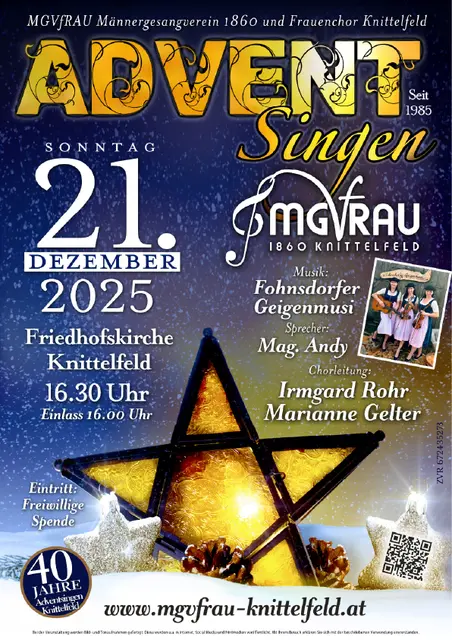 MGVfRAU – Männergesangverein 1860 und Frauenchor Knittelfeld lädt herzlich ein zum 
Traditionellen Adventkonzert am 4. Adventsonntag, 21. Dezember 2025 in der Knittelfelder Friedhofskirche | Foto: ©www.mgvfrau-knittelfeld.at